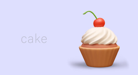 Realistic cupcake with cream and cherry. Portioned dessert served. Sweet fast food. Pastry with whipped cream. Color concept in cartoon style. Vector advertising