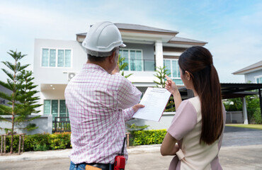 Senior home inspector explains Inspection results with homeowner, handyman holding clipboard and after checking details before renovations home, house improvement interior, Interior design Real estate