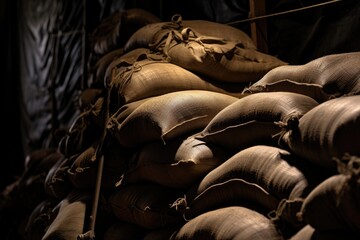 Fototapeta na wymiar close-up of sandbags piled up in a trench silhouette