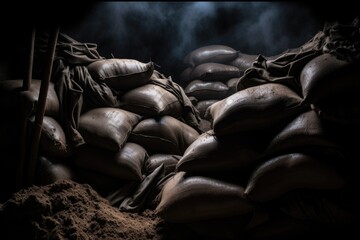 close-up of sandbags piled up in a trench silhouette - obrazy, fototapety, plakaty