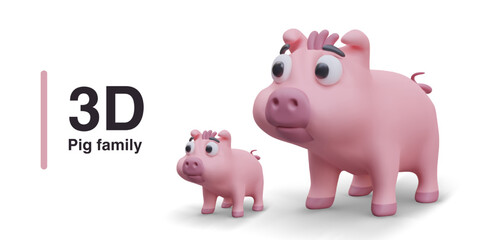 Poster with pig family. Realistic pink animals, mother and child. Collection for online game, create your farm. Vector illustration in 3d style with place for text