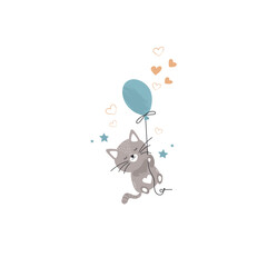 Illustration of Cute Sleeping Baby Kitten Flying on Balloon. Baby Vector Illustration