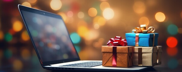 Shopping cartf full of christmas presents buy via internet, black friday sale panorama. Generative Ai