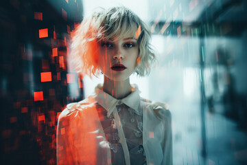 Fototapeta premium Portrait of a young trendy blonde woman, glitch effect