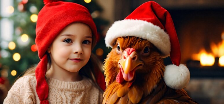 Young blond girl pose for a photo with a funny chicken, wearing red Santa hat. Christmas tree in the background. Digital painting illustration. Christams wallpaper or background. Generative AI