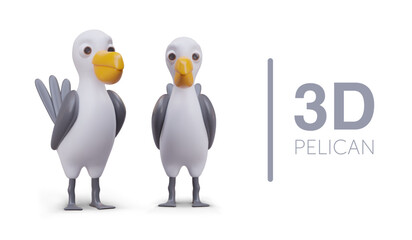 Vector colored pelican, front and side view. Shiny 3D toy. Sea, oceanic bird with large beak. Illustration for children website, application. Seabird set