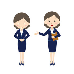 お辞儀をするベテラン女性社員と案内係の女性