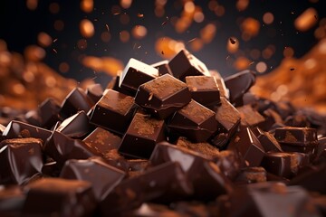 Pieces of chocolate with a splash of cocoa on a black background