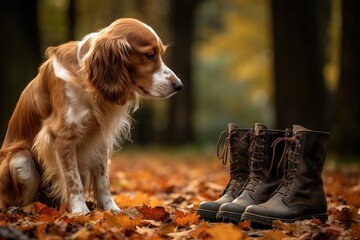 dog sniffing a pair of boots filled with autumn leaves in a park - obrazy, fototapety, plakaty