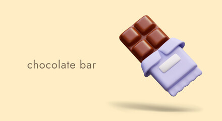 Unwrapped chocolate bar. Neutral paper wrapper with space for logo, labeling. Advertisement of sweets. Horizontal commercial banner on colored background