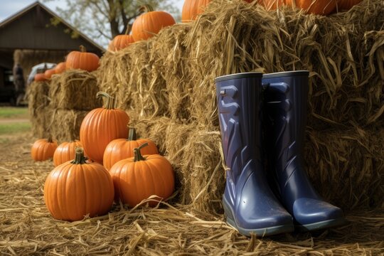 rubber boots filled with leaves standing by a pumpkin on a hay bale