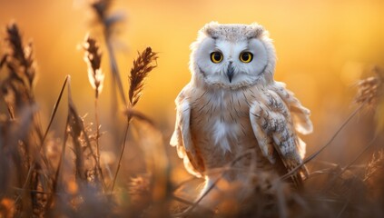 An Elegant Owl Gazing in a Serene Field of Rustling Grass