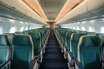 rows of empty seats in an airplane cabin