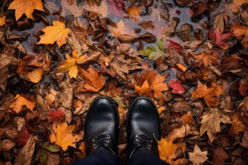 overhead view of rubber boots, stepping on a carpet of fallen leaves
