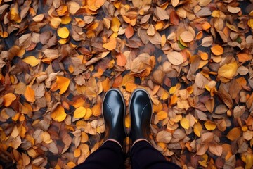 top view of rubber boots standing on a carpet of fallen leaves