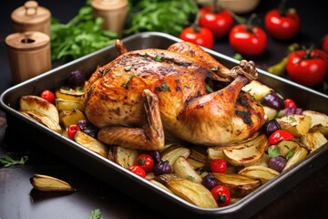 baking tray with a whole roasted chicken and vegetables