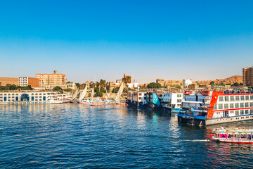 View of the Aswan waterfront from the Nile River.