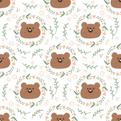 Seamless pattern with cute cartoon animal marmot and flower doodle Watercolor  for Happy Groundhog Day2 February printable postcard print greetings card banner poster