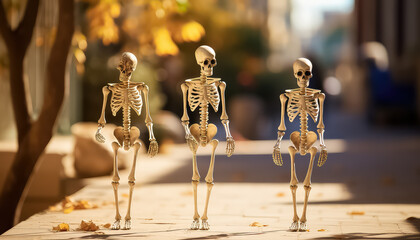 Three skeletons walking down the street and talking autumn - obrazy, fototapety, plakaty