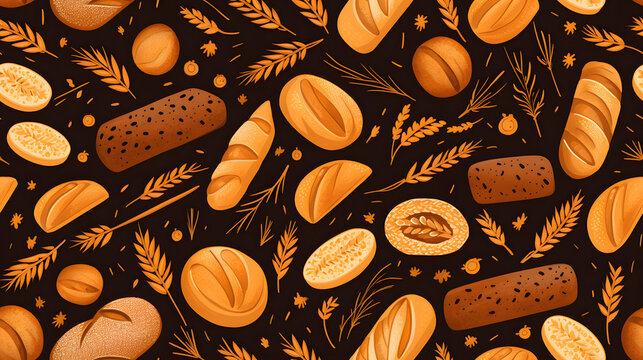 Freshly baked bread and pastries pattern, seamless texture