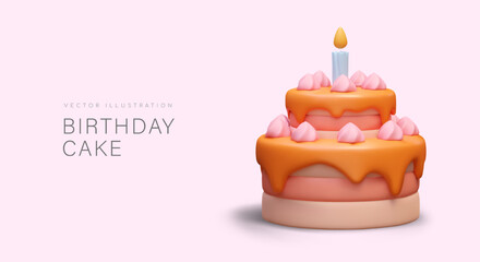 Birthday cake. Multi layered dessert with topping, whipped cream and candle. Luxurious festive sweet dish. Color advertising poster for confectionery, cafe, restaurant