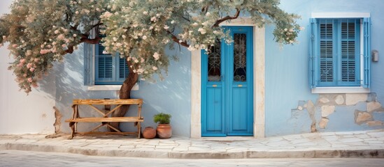 In the charming city of Greece, there stood a magnificent vintage house with a white facade adorned with blue accents and a metal door, showcasing impeccable design and architectural beauty in its