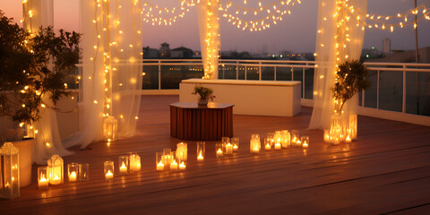 Night wedding ceremony with arch, flowers, chairs and bulb lights in terrace outdoors, copy space. Wedding decorations