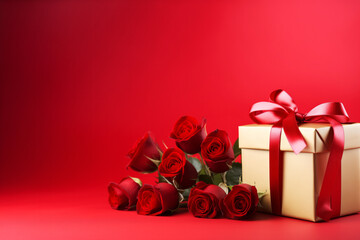 Festive gift present box with a white ribbon and bow and beautiful roses on red banner background with empty copy space for text. Happy holiday event anniversary concept