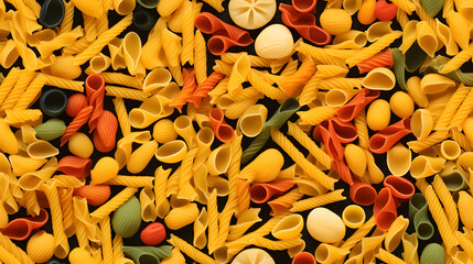 Colorful arrangement of various pasta shapes, seamless texture