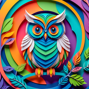 Paper art owl illustration on the abstract background.