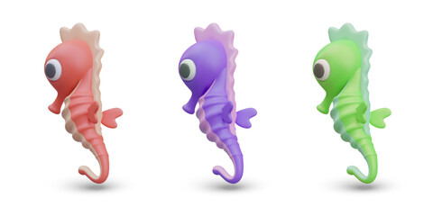 Cute seahorses in cartoon style. Set of purple, pink, green images. Sea creature, rear view. Concept for zoo, aquarium. Illustration for children site, game, application