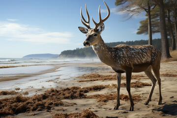 deer walking on the beach