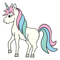 White unicorn. A magical horse with a lush rainbow mane and tail. Color vector illustration. Cartoon style. Pony girl with a horn on her forehead. Isolated background. Idea for web design.