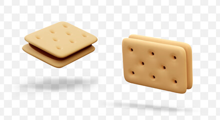 Rectangular realistic cookie sandwich. Crispy pastry with filling, cracker. Salty biscuit. Textured detailed vector image. Isolated object in different positions. Templates for web design