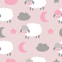 Seamless pattern with cute sheep, moon, star, cloud for your fabric, children textile, apparel, nursery decoration, gift wrap paper, baby's shirt. Vector illustration