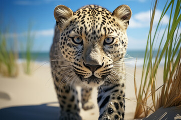 leopard walking on the beach