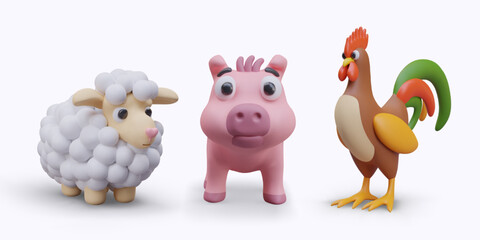 Fototapeta premium Little sheep, pink pig and rooster on white background. Collection of toys for game farm. Cartoon character design. Vector illustration in 3D style with shadow