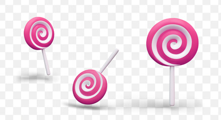 Round spiral candy on stick. Colored lollipop. Vector pink and white caramel in different positions. Isolated image of sweets. Festive beautiful dessert - obrazy, fototapety, plakaty