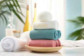 stack of round bath bombs in a spa setting with bamboo and white towels