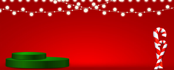 A green podium for advertising products on a red background with Christmas lights. Beautiful christmas background with space for copy. Advertisement, Congratulatory Text, Bright Beautiful Christmas