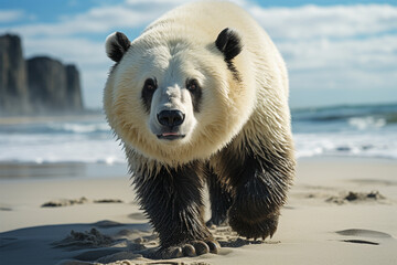 panda walking on the beach