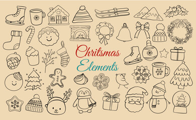 Cute Hand-Drawn Christmas Outline Vector Elements