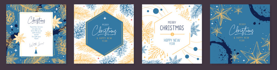 Set of Christmas holiday greeting cards or covers with floral desoration. Vector illustration - obrazy, fototapety, plakaty
