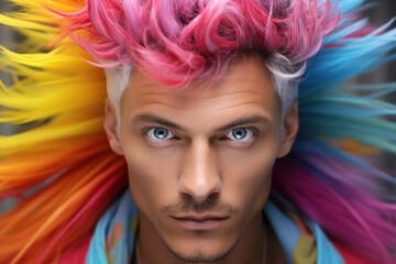 A young man with vibrant, dyed hair, expressing individuality and a bold sense of style. Concept of self-expression and uniqueness. Generative Ai.