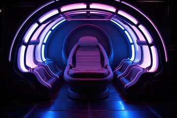 capsule sleeping pod with blue neon lighting inside a spaceship - obrazy, fototapety, plakaty