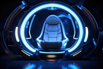 Naklejka premium capsule sleeping pod with blue neon lighting inside a spaceship