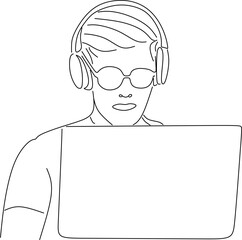 line art of office worker concentrated behind computer