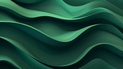 Abstract 3d forrest green waves design with smooth curves and soft shadows on clean modern background. Fluid gradient motion of dynamic lines on minimal backdrop - obrazy, fototapety, plakaty