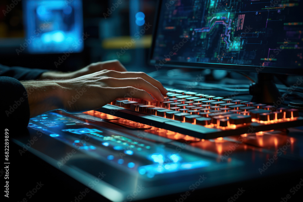 Poster a close-up of a person's hands typing on a keyboard, symbolizing the modern era of technology and di