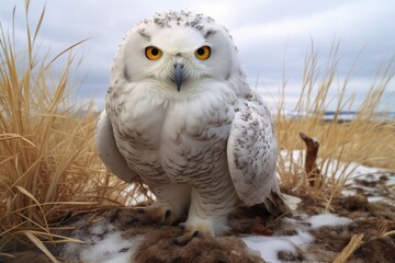 a snowy owl on a tundra, fish in its claws